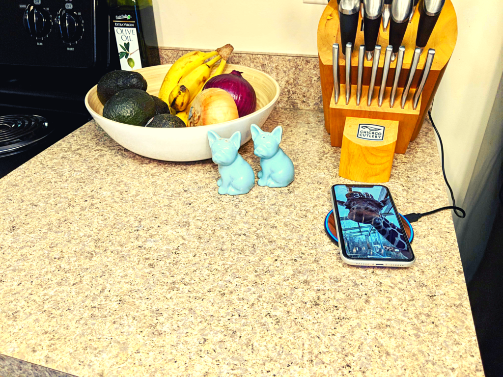 KeyBuildingBlocks iPhone Charging on Walnut Wireless Charger in Kitchen